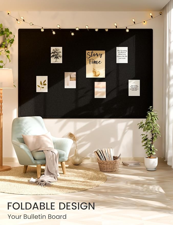 Fluxynara Large Bulletin Board, 70.8" x 47.2" Cork Board Alternative with 48 Safe Removable Adhesive Tabs, Foldable Felt Pin Board for Home Office, Classroom, Bedroom,Entryway for Walls—Black