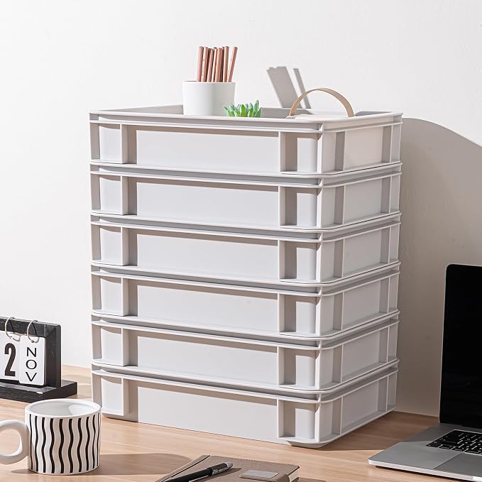 Desktop Organizer Bundle - Large Stackable Storage Bins with Open Tops! The Complete Multi-Size Solution for Your Entire Home & Office.15.8''*11''*3.26'' (Grey, 6Large)