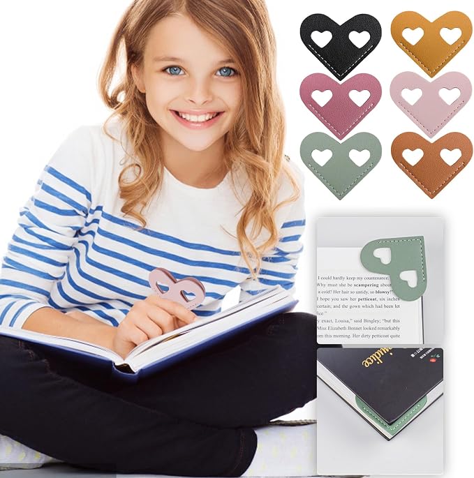 Leather Bookmarks, Wayzton Cute Double Hollow Heart Corner Bookmark, Personalized Book Accessories Gifts for Reading Women Kids Lovers