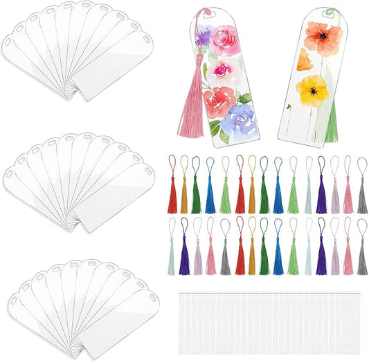90Pcs Acrylic Bookmark Blanks Kit-30 Set Clear Acrylic Bookmarks 6" x 2" with 30 Tassels & 30 Self-Adhesive Bags,Acrylic Bookmark Bulk for DIY Bookmarks Crafting Project and Gift Tags(Semicircle)