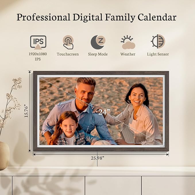 BSIMB 27 Inch Digital Calendar Wall Touch Screen - Chore Chart, Meal Planner, Rewards System, Photo Display, Smart Electronic Calendar Interactive Hearth Display for Family Planner Seamless Scheduling Dark Wood