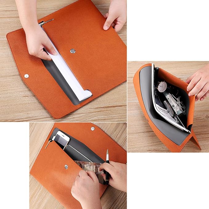 PU Leather A4 File Folder Document Holder Waterproof Portfolio Envelope Folder Case with Snap Closure Brown
