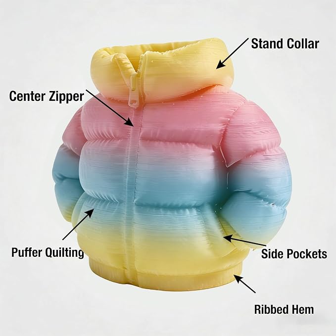 YOKUSHI Down Jacket Pen Holder, 3D Printed Funny Puffer Jacket Pencil Holder, Creative Desk Organizer for Office Supplies, Cute Unique Stationery Holder for Desk, Quirky Gift for Women Men (Colored)