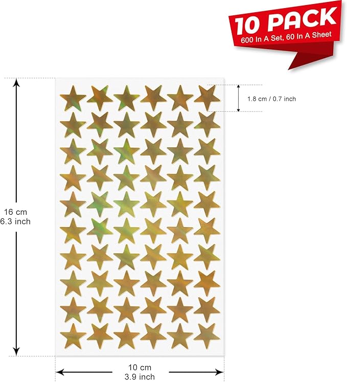 600 PCS Gold Star Stickers Holographic 0.7” Vinyl Self Adhesive Samll Sparkle Foil Labels Waterproof Reward Decals for Students Teachers