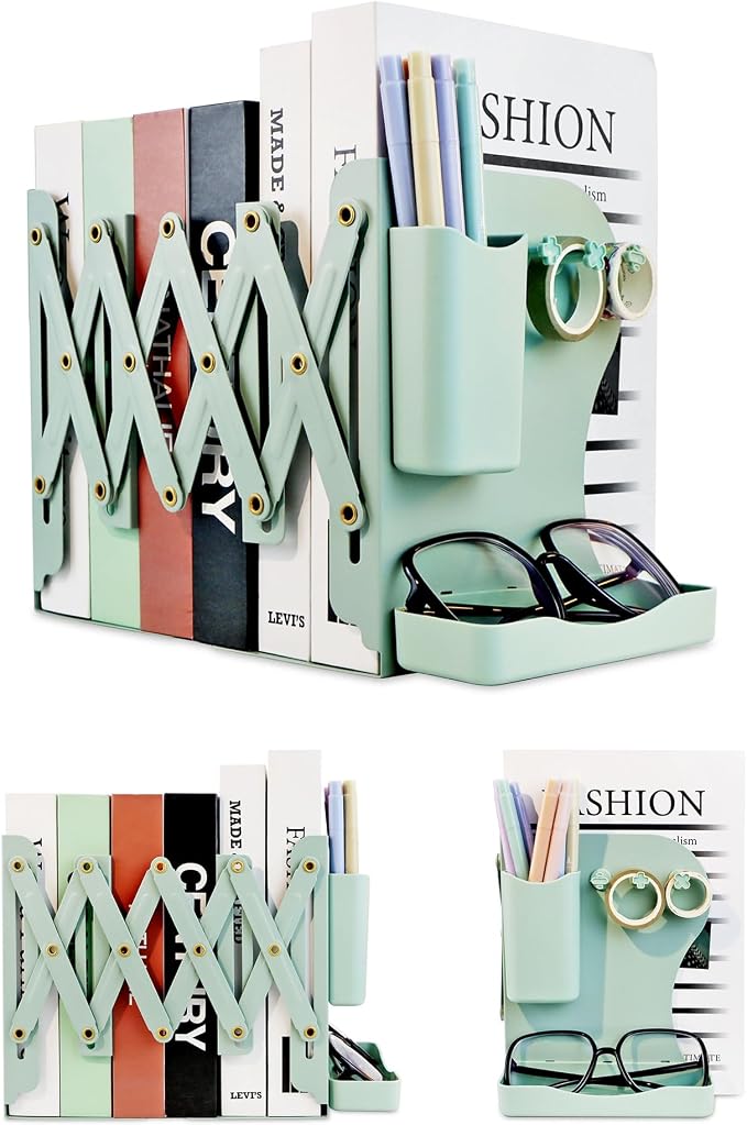 Heavy Duty Bookends Adjustable Book End, Desk Book Holder for Shelves, Book Organizer for Desk, Suitable for Office Home School (19.69 inches Max) (Green)