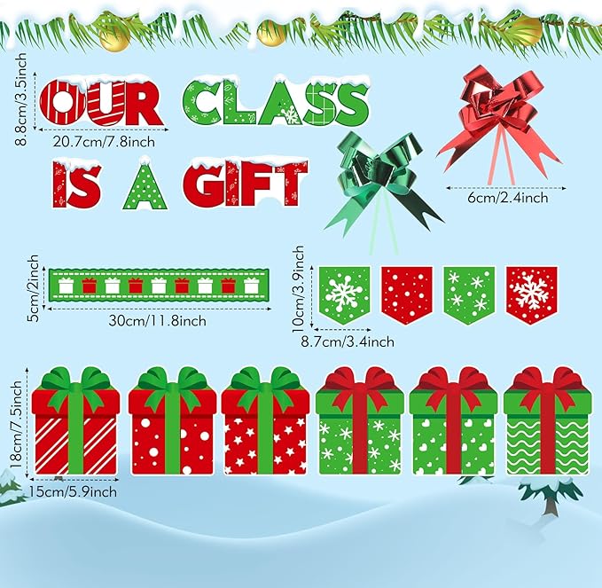 Frienda 108 Pcs Christmas Gift Boxes Bulletin Board Decoration Set Our Class is a Gift Cutouts Christmas Winter Holiday Classroom Decorations for Xmas School Classroom Door Bulletin Board