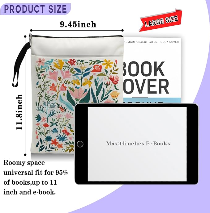 Flower Pattern Book Sleeve,Book Lovers Gifts Waterproof Book Cover for paperbacks with Zipper and Front Pocket Book Pouch for Women Teacher Birthday Graduation Christmas Gifts (Wildflower1603)