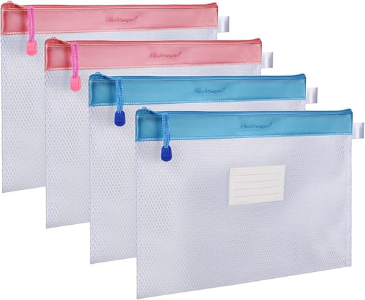 Wisdompro Zipper Pouch, 4 Packs Durable Letter Size Waterproof Mesh File Bag, Document Organizer - Pink/Blue
