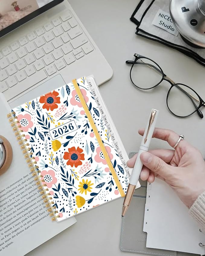 2026 Planner - Weekly and Monthly Planner from Jan 2026 - Dec 2026, Spiral Planning 2026 with 12-Month Tabs, Inner Pocket, 6.25" x 8.5", Pink Flower