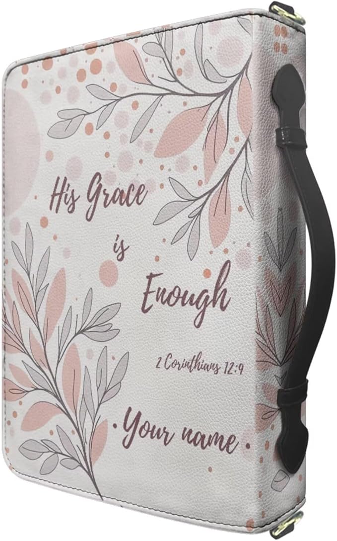 Personalized Bible Case for Women, Extra Large Bible Cover Case with Name, II Corinthians 12:9 Book Carrier with Strap Handle Inner Pockets and Pen Loop,Biblia Accessories Women, White