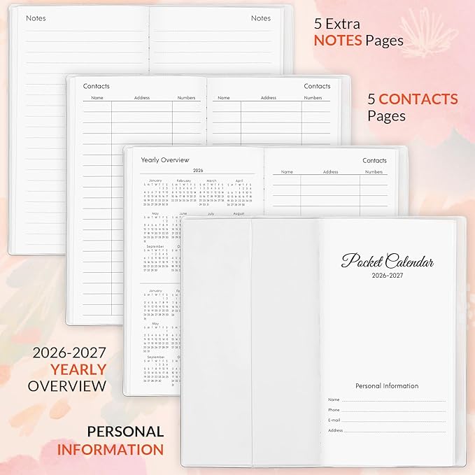Pocket Calendar 2026-2027, Small Pocket Planner 2026 for Purse - 6.7" x 3.7" - From January 2026 - December 2027, Daily Monthly Agenda with PVC Cover for Planning