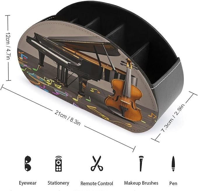 Leather Remote Control Holder with 5 Compartments Piano Violin Music Notes Remote Caddy Desktop Organizer Store TV Remote Holder Remote Organizer for Bedside Table Office Desk