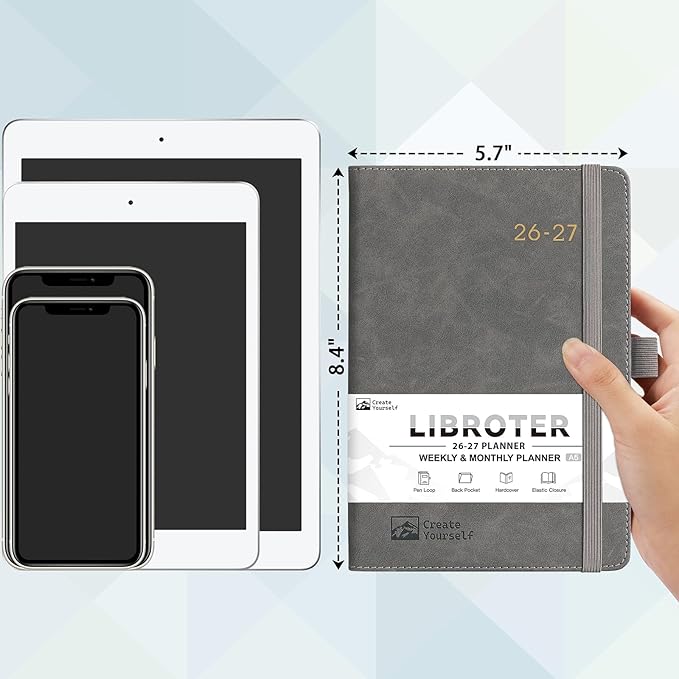 2026-2027 Planner - Academic Planner 2026-2027 Weekly Monthly Planner, July 2026 - June 2027, 5.7'' x 8.4'', Thick Paper, Leather Cover, Pen Holder, Back Pocket, Perfect Daily Organizer- Grey