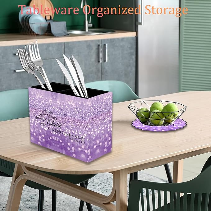 Pen Holder and Anti-Slip Mouse Pad Combination, Makeup Brush Storage Box, Tableware Storage Box, Suitable for Office and Home - Purple Glitter Quote Philippians 4-13