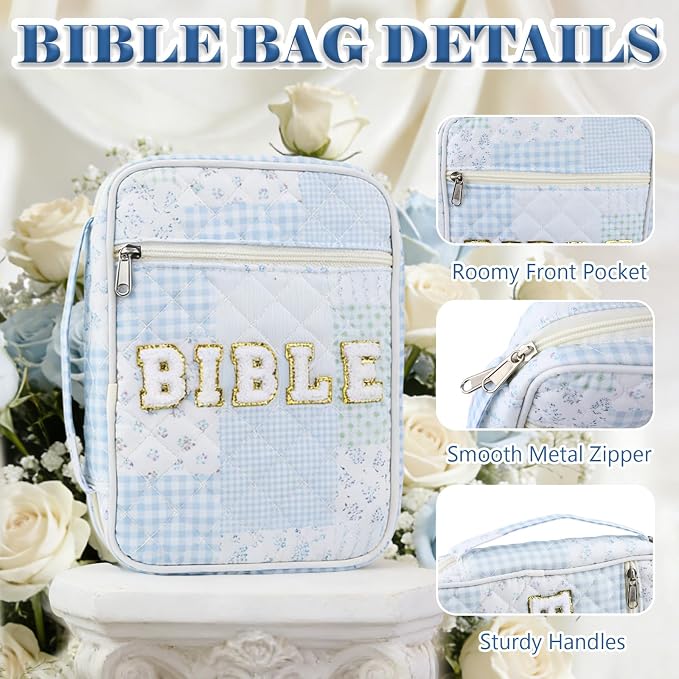 Bible Cover Case for Women, Large Chenille Letter Bible Bag with Handle, Carrying Bag with Tabs 6 Colored Pens 6 Highlighters, Back to School Study Supplies Christian Church Gifts, Blue Patch