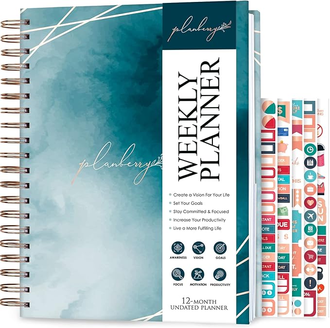 PLANBERRY Large Weekly Planner Premium – Undated Life & Budget Planner – Organizer & Productivity Journal, 8x10.4″ (Ocean Depths)