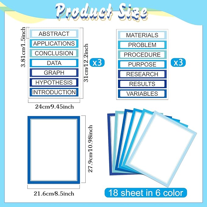 24 Sheets Science Board Supplies 18 Self Adhesive Presentation Science Subtitles & 6 Project Titles Board Sticker for School Office Supplies (Ocean Blue)