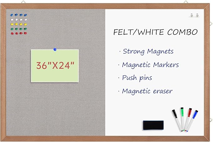 Grey Felt Bulletin/Dry Erase White Combo Board, 36" X 24“ Combination Whiteboard/Bulletin Board, Pin Board with Natural Wood Frame…