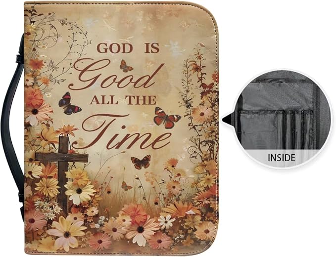 Vintage Religious Floral Cross Bible Case with Bookmark Waterproof Bible Cover Case for Women Lightweight Bible Bag with Handle Pockets Church Book Bag Brown