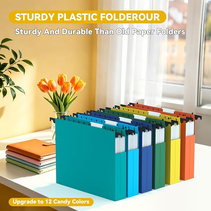 Letter Size Hanging File Folders Extra Capacity,1.5" Expandable Plastic Hang Folder for Filing Cabinet,12 Pack Reinforced Heavy Duty File Folder with Tabs,Filing System for Home Office-Colored