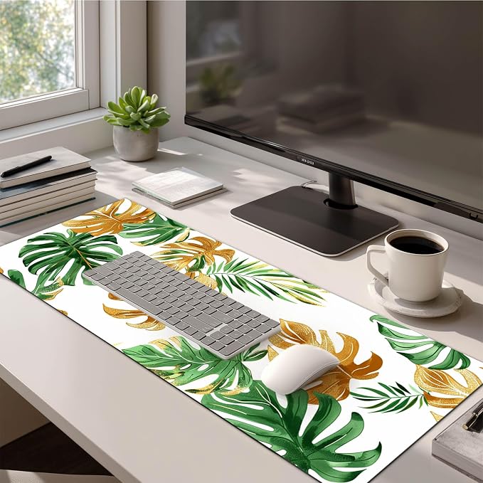 HOMETITUTE XL Mouse Pad 31.5 x 11.8 Inch Tropical Green and Gold Palm Leaf Desk Mat Extended Large Mousepad Non Slip Waterproof Desk Pad Keyboard Mat for Office Home Computer Accessories
