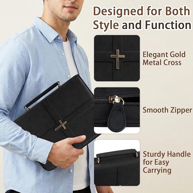 Classic Leather Bible Cover Case with Cross Design and Handle for Men Women, Durable Bible Study Supplies Organizer Carrying Bag, Perfect Christmas Gifts for Christians with Gift Box（Black