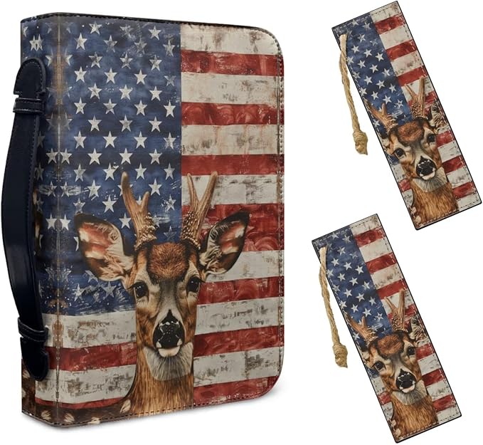 Lotusorchid Bible Cover Leather Bible Case for Women, American Flag Deer Bible Carrying Case with 2 Book Marks, Bible Cover Case for Women, Blue and Red, Size M