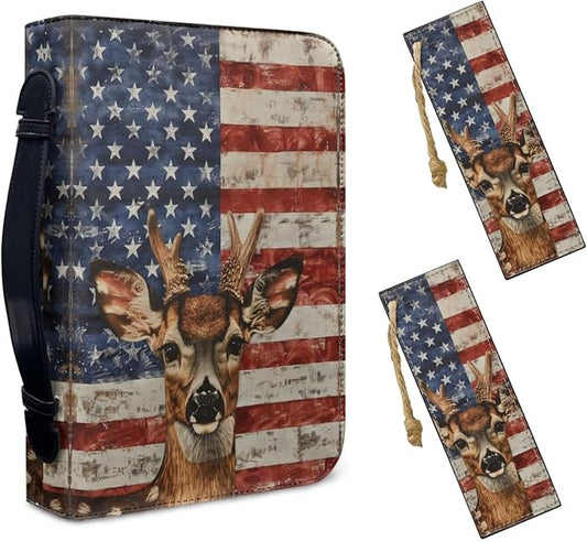 Lotusorchid Bible Cover Leather Bible Case for Women, American Flag Deer Bible Carrying Case with 2 Book Marks, Bible Cover Case for Women, Blue and Red, Size XL