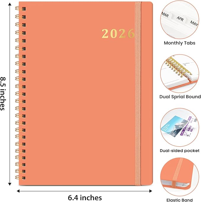 2026 Planner, Weekly and Monthly Calendar Planner Book, January 2026 - December 2026, Hardcover Spiral Planner with Monthly Tabs, Notes Pages, Perfect for Women & Men, A5 (6.4" x 8.5") - Coral