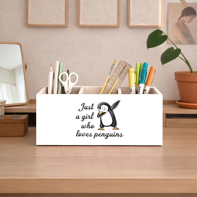 Just a Girl Who Loves Penguins Wooden Desk Organizer, Cute Penguin Design Pen Pencil Holder with 3 Compartments, Decorative Office Supply Storage Box for Desk, Home, Office, Gift for Penguin Lovers