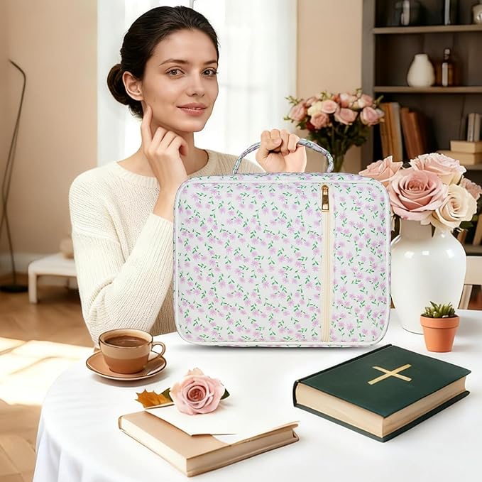 Bible Cover for Women, Large Quilted Case with Handle, Durable Bag and Carrying Case for Girls, Study Supplies Accessories, Christian Gift for Women (Purple Mini Floral, Large-Bag Set)