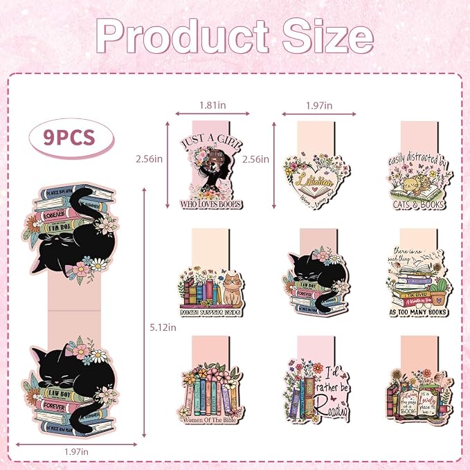 Cute Magnetic Bookmarks Set, 9 Pcs Floral & Cat Magnetic Page Markers for Women Men Readers, Strong Magnet Book Page Clips, Aesthetic Reading Gifts for Book Lovers