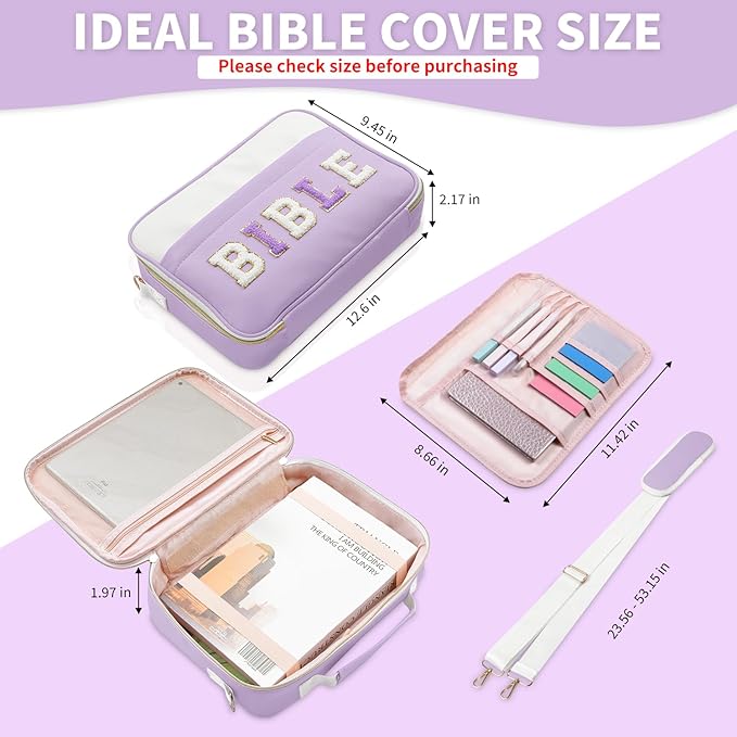 KOPKOFT Bible Cover Case for Women, Large Chenille Letter Leather Bible Case with Bible Study Accessories, Bible Study Supplies Bible Journaling Kit, Christmas Christian Gift for Women Girls (Purple)