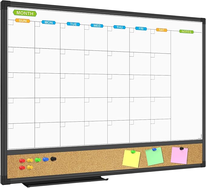 JILoffice Magnetic Calendar Whiteboard & Bulletin Corkboard Combination, Combo Board 24 x 18 Inch, Black Aluminum Frame Wall Mounted Board for Office Home and School with 10 Push Pins
