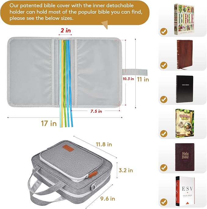Grey Bible Cover Case with Gift Box - Crossbody Bag for Large Print Bibles, Complete Study Kit & Accessories
