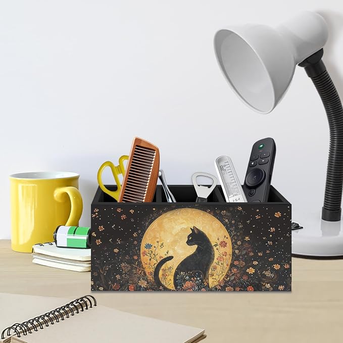 Witchy Black Cat Pen Holder for Home Office Desk, Cat Lover Gifts, Witchy Moonlight Floral Black Cats Makeup Brush Toothbrush Holder Organizer for Bathroom Desk Accessories