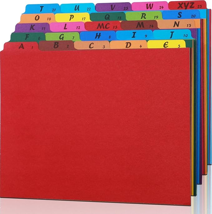 1 Set 25 Alphabet File Dividers A-Z Top Tab File Guides Letter Size 1/5 Cut Tab Manila Alphabetical File Organizer File Cabinet Dividers for Work Office Home School and Desk Organizer (Colorful)