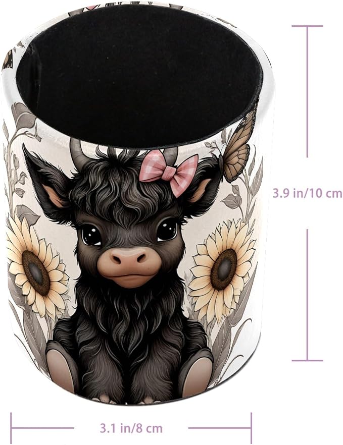 Leather Pen Holder for Desk, Black Highland Cow Floral Makeup Brushes Holder Pencil Cup Multifunctional Desktop Organizer Caddy for Home School Office Desk Accessories