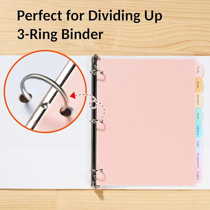 Sooez 8 Tabs Long-Lasting Plastic Write & Erase Large Tabs Dividers for 3 Ring Binder, Aesthetic Cute Pastels Binder Dividers for Student, Teacher, Office, Home Organizers, 6 Sets, Pastels Color