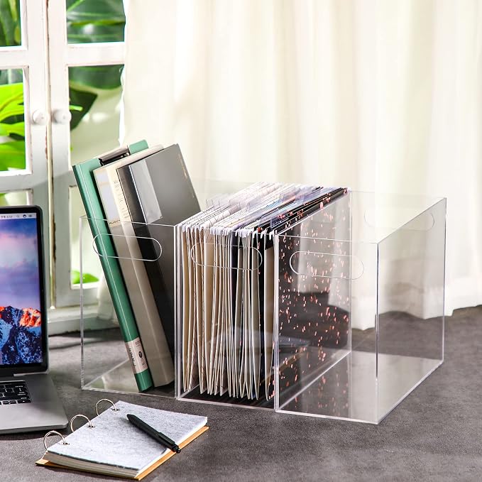 Thenshop 3 Pcs Acrylic File Organizer Acrylic Desktop File Box with Handle Hanging Folder Clear Holder Filing Box for Office Home School Letter Size Folder Storage, 12.2 x 5.5 x 9.4 Inch