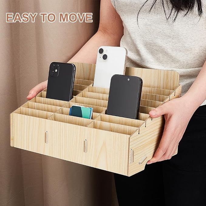 BENECREAT 24-Grid Wooden Cell Phone Storage Box, Beige Mobile Phone Management Storage Box Desktop Organizer for Office and School Supplies, Maple Wood Color
