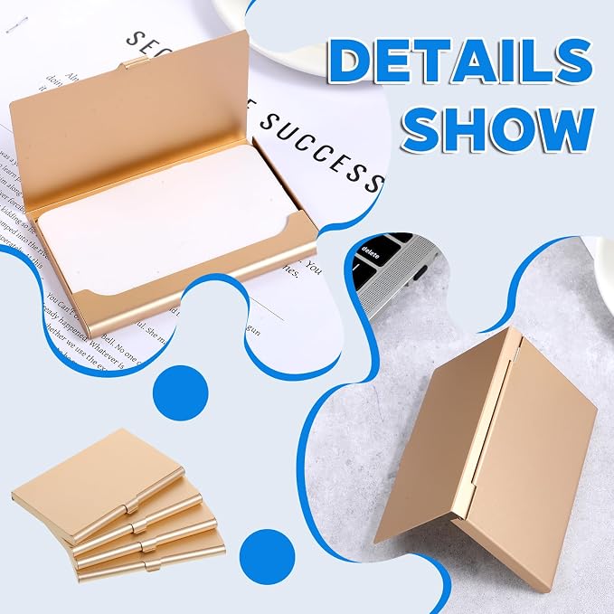 Gold Slim Business Card Case, 4 Pack Gold Metal Business Card Holder Professional Holder Case Pocket Metal Cases Purse Name Cards Holders Credit Cards with Buckle Style Shut for Men Women