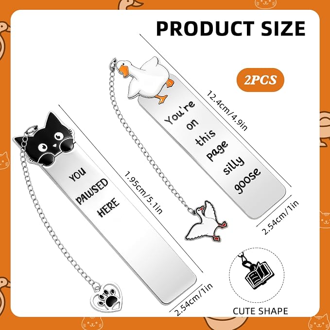 2Pcs Cat Silly Goose Bookmark Funny Gifts for Men Women Book Lover Cute Metal Book Mark Stainless Steel Bookmark Reading Lover Gifts Accessories Unique Friend Coworker Teacher Gift Birthday Gift
