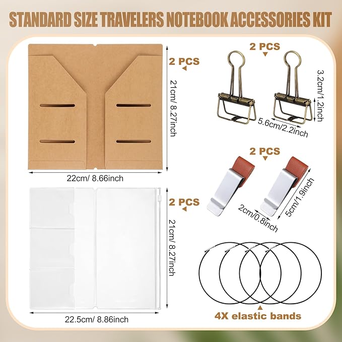 Travelers Journal Notebook Accessories Kit Include Travel Kraft File Folder, Zipper Case, Pen Holder, Binder Clip and Elastic Bands Travel Accessories Supplies(2 Pack,Standard Size)