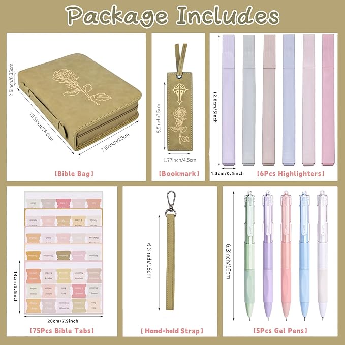 CITYCHASE Elegant Rose Design Bible Cover Case with Bible Study Supplies Highlighters Pens Bookmark Leather Bible Cover Case for Women Perfect Gift for Christians(Khaki Pro)