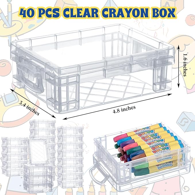Suzile 40 Pcs Plastic Crayon Boxes Holds 24 Crayon with Snap Lid Storage Container Clear Stackable Case for School Office Classroom Supplies Pen Pencil Craft(Clear)