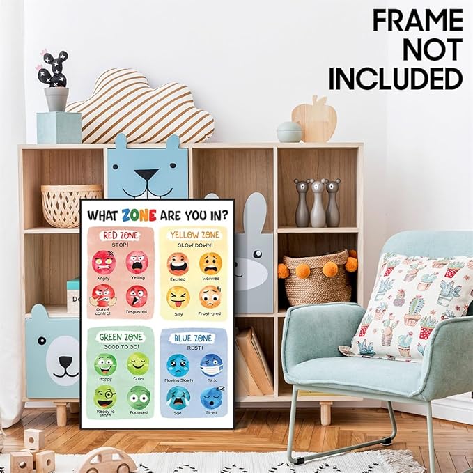 Feelings Chart, Calming Corner Poster, Preschool Classroom Must Haves for Kids, Mental Health, What Zone Are You In Emotions, Therapist Office Wall Art 16x24in Unframed