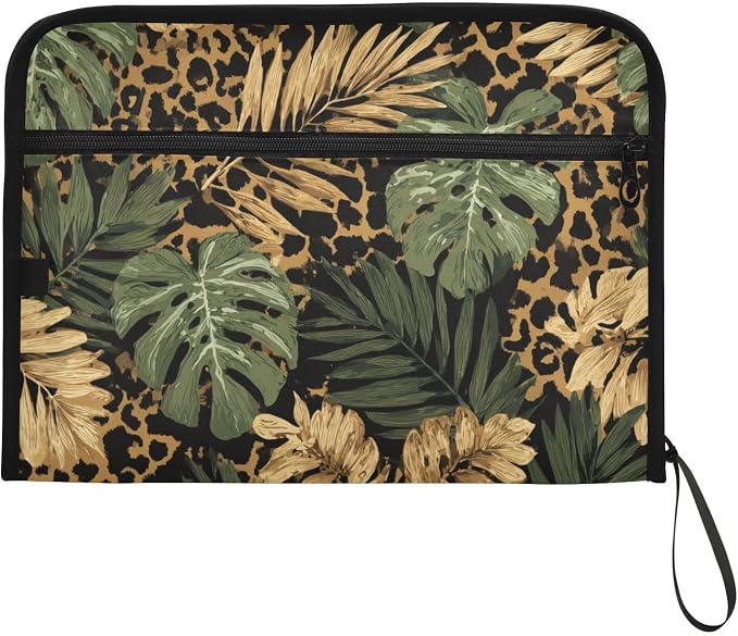 ALAZA Retro Palm Leaves Leopard Spots Expanding Filing Folder, 13 Pockets Expandable Document Organizer Folder with Zipper Closure for Home Office A4 Letter Size Paper Document