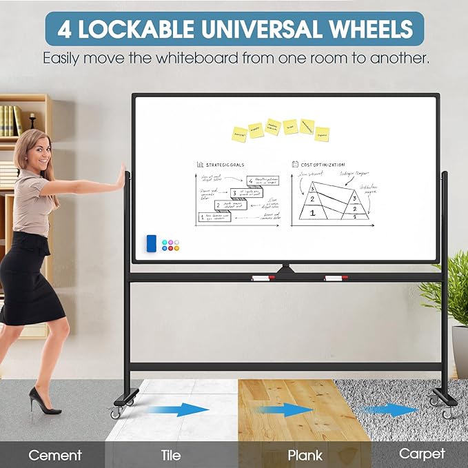 MaxGear Large Rolling Whiteboard, 72x40 Mobile White Board on Wheels, Double-Sided Magnetic Dry Erase Board with Stand, Adjustable Height Whiteboard for Home, School & Office, Black