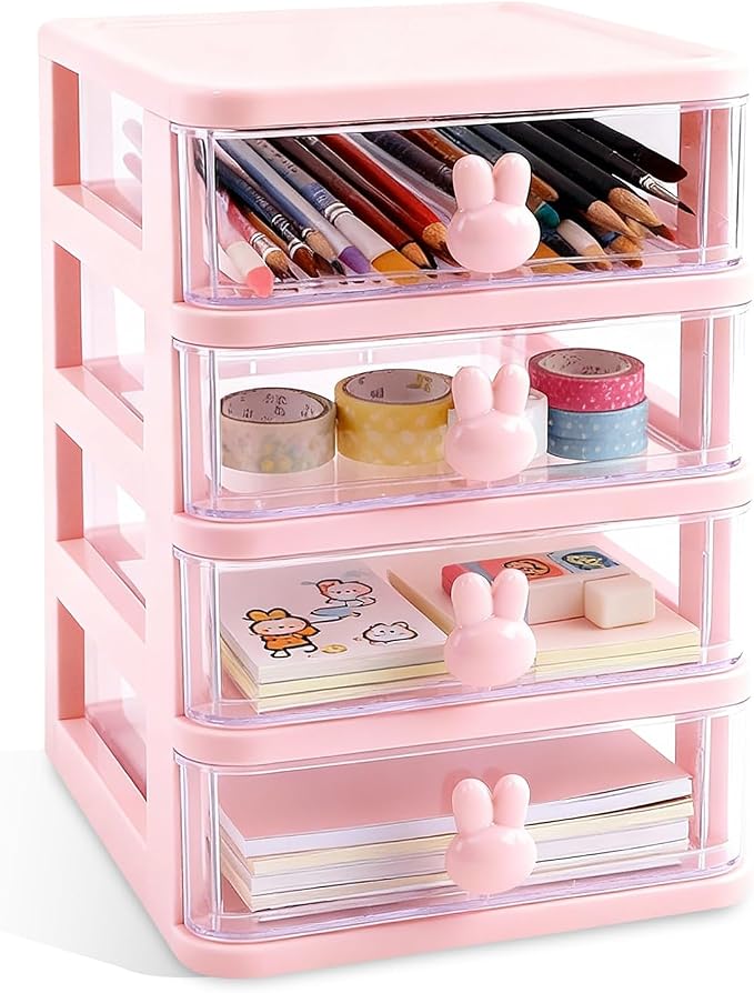 CEYAZYE Small Desk Organizer with Drawer, Stackable Makeup Organizer White, Mini Plastic Storage Box for Desktop, Bathroom Counter or Dresser, School, Home, Office(Pink-4 Tier)